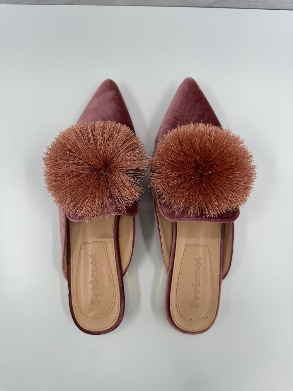 Pink Velvet Pointed-Toe Pom Slide Mules